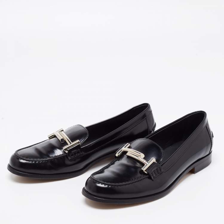 Pre Owned Tod's Black Leather Double T Block Heel Loafers Size 35.5