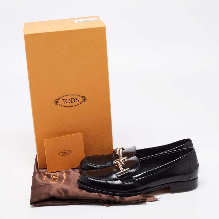 Pre Owned Tod's Black Leather Double T Block Heel Loafers Size 35.5