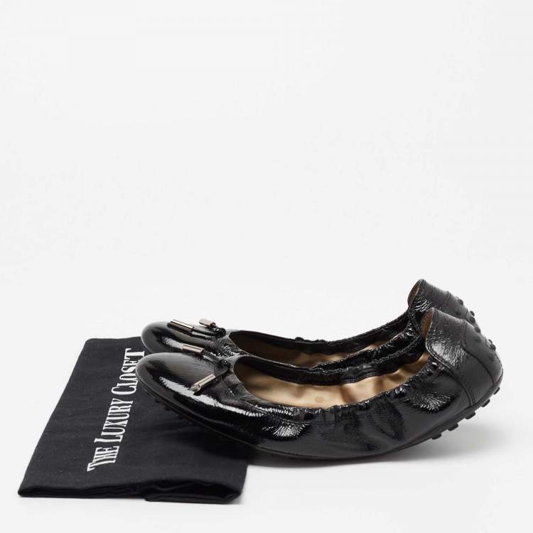 Pre Owned Tod's Black Patent Leather Dee Scrunch Ballet Flats Size 39.5