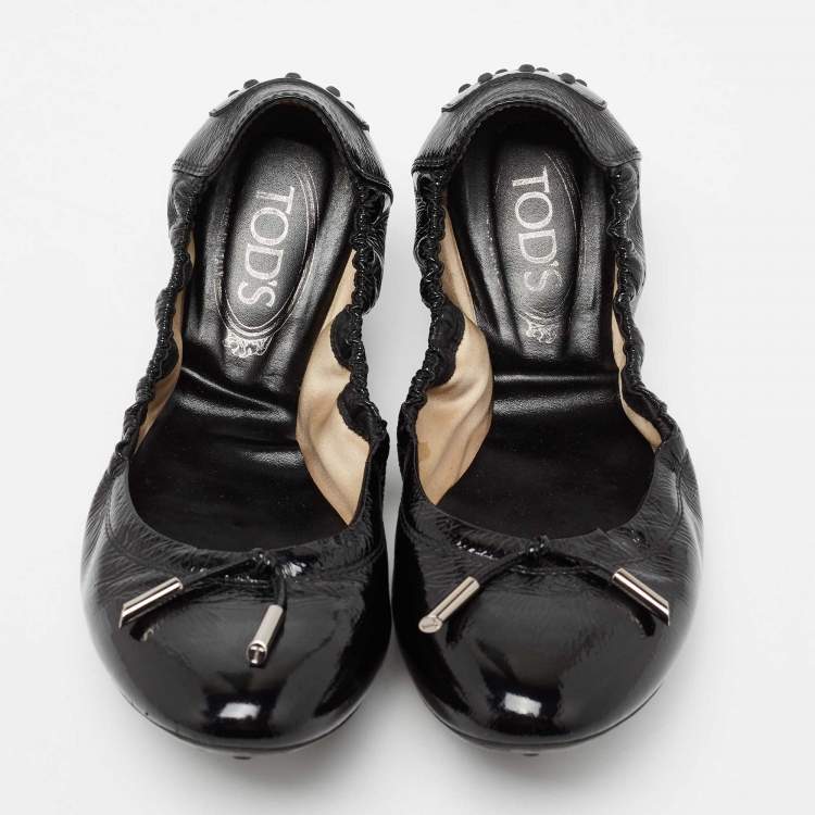 Pre Owned Tod's Black Patent Leather Dee Scrunch Ballet Flats Size 39.5