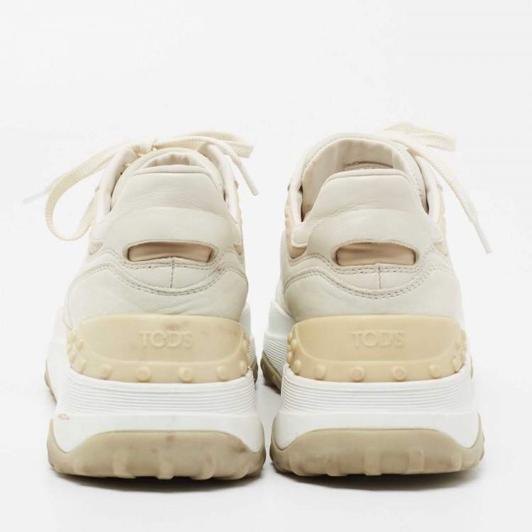 Pre Owned Tod's White/Beige Leather And Mesh Low Top Platform Sneakers Size 39.5