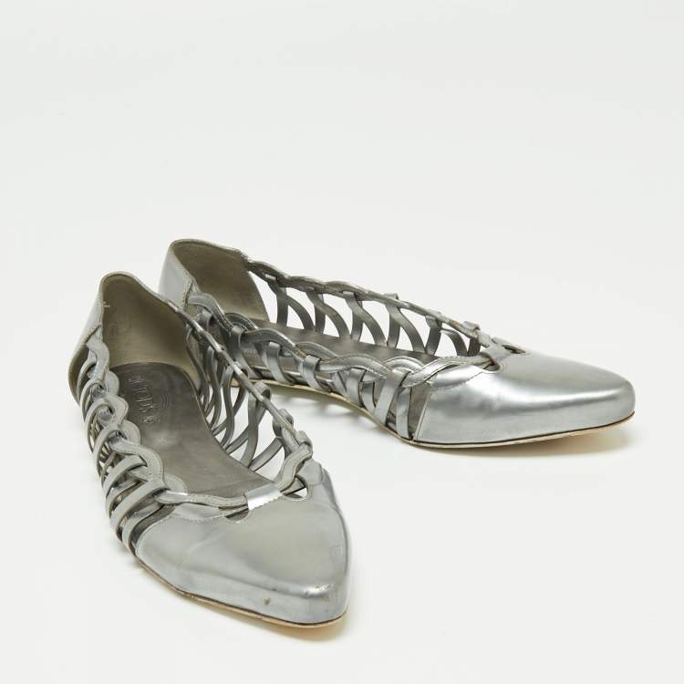 Pre Owned Tod's Grey Patent Leather Braided Detailed Pointed Toe Ballet Flats Size 39.5