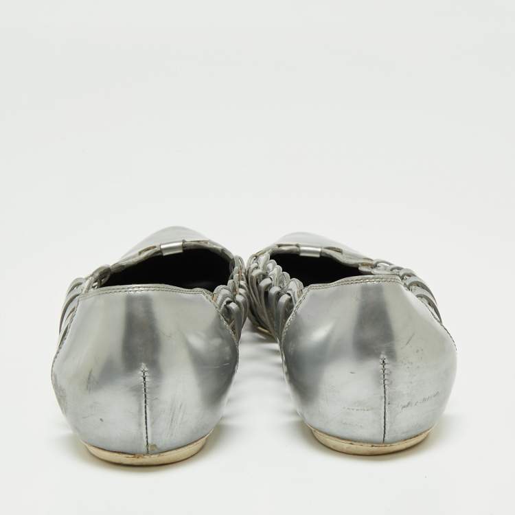 Pre Owned Tod's Grey Patent Leather Braided Detailed Pointed Toe Ballet Flats Size 39.5