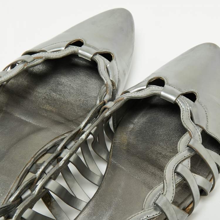Pre Owned Tod's Grey Patent Leather Braided Detailed Pointed Toe Ballet Flats Size 39.5