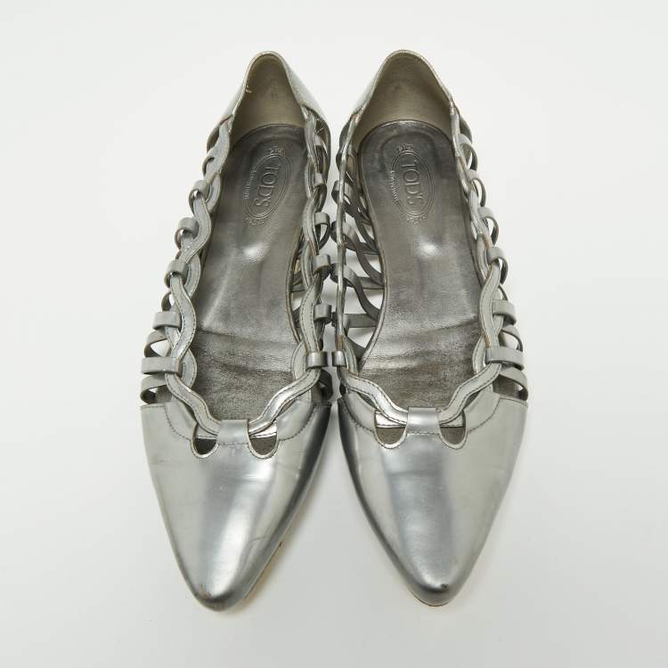 Pre Owned Tod's Grey Patent Leather Braided Detailed Pointed Toe Ballet Flats Size 39.5