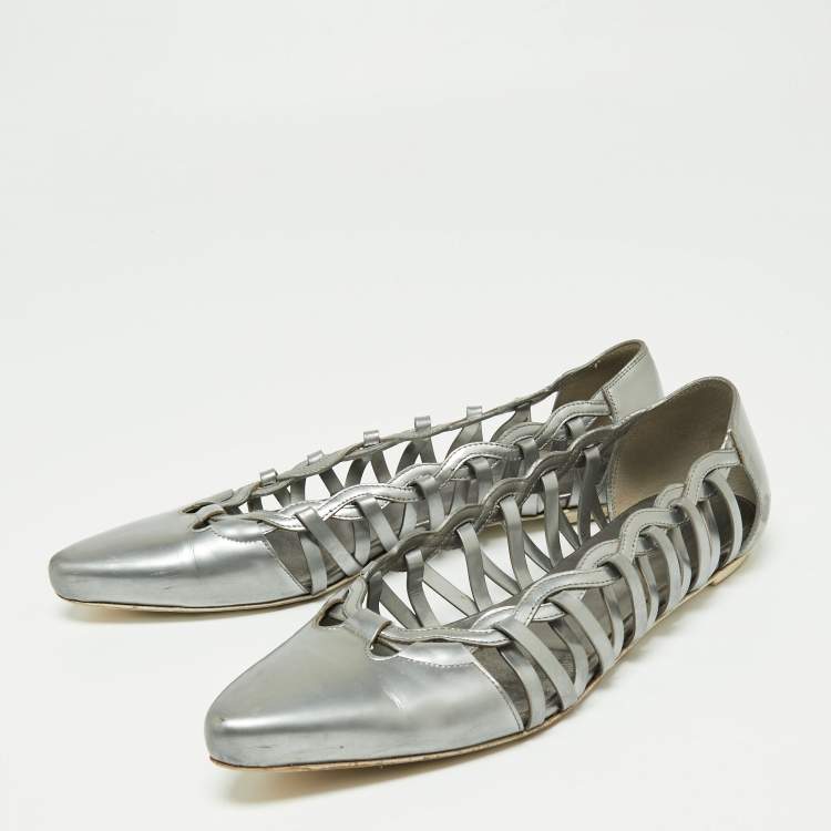 Pre Owned Tod's Grey Patent Leather Braided Detailed Pointed Toe Ballet Flats Size 39.5