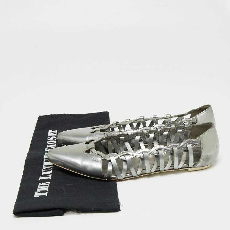 Pre Owned Tod's Grey Patent Leather Braided Detailed Pointed Toe Ballet Flats Size 39.5