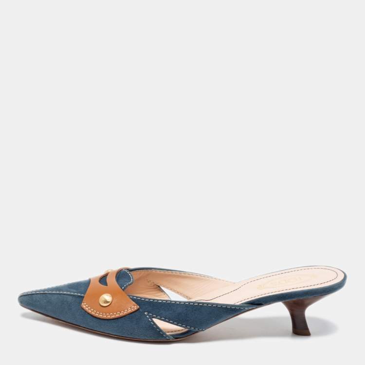 Pre Owned Tod's Blue/Brown Suede And Leather Mule Sandals Size 36.5