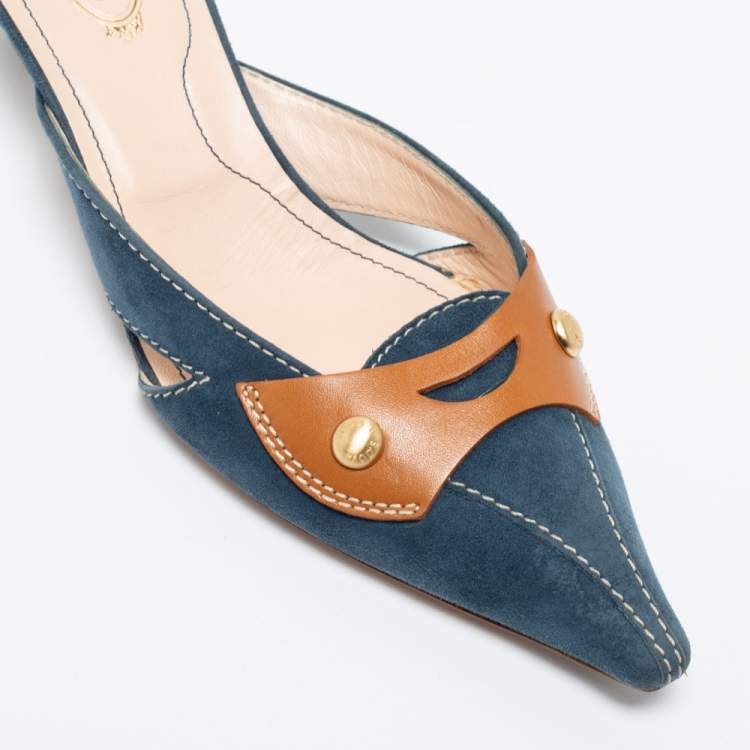 Pre Owned Tod's Blue/Brown Suede And Leather Mule Sandals Size 36.5