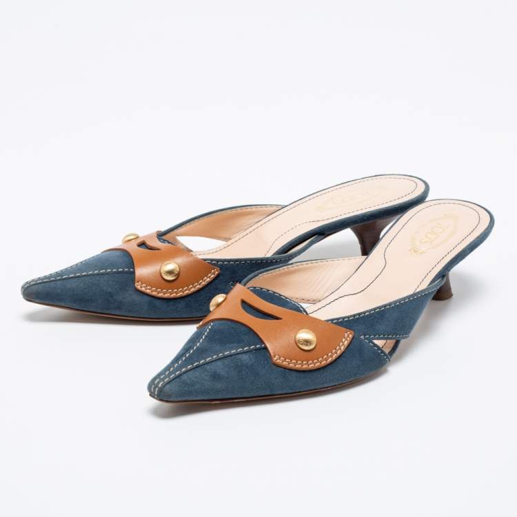 Pre Owned Tod's Blue/Brown Suede And Leather Mule Sandals Size 36.5
