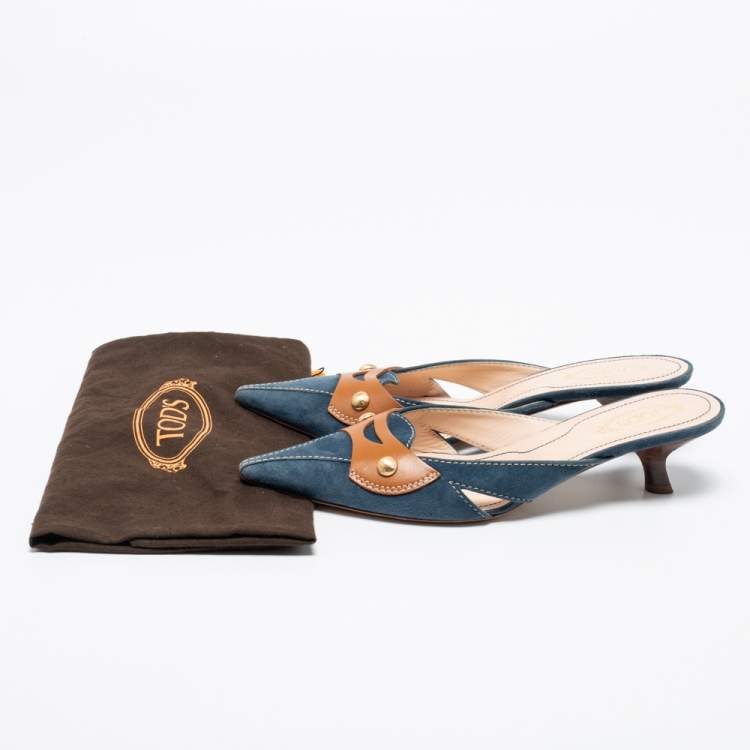 Pre Owned Tod's Blue/Brown Suede And Leather Mule Sandals Size 36.5