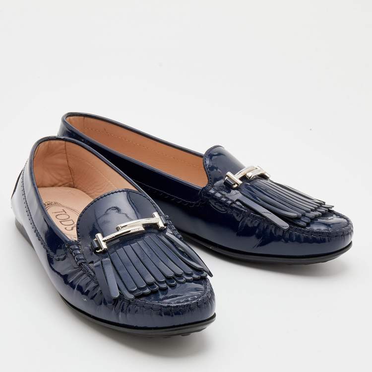 Pre Owned Tod's Blue Patent Leather Double T Fringe Loafers Size 40