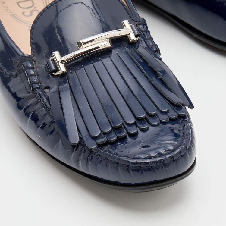 Pre Owned Tod's Blue Patent Leather Double T Fringe Loafers Size 40