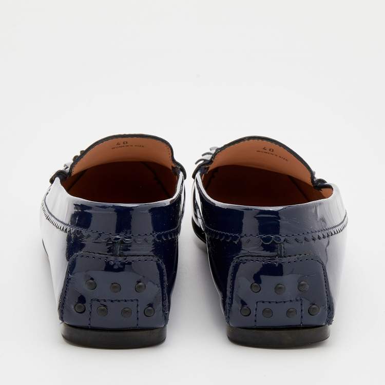 Pre Owned Tod's Blue Patent Leather Double T Fringe Loafers Size 40
