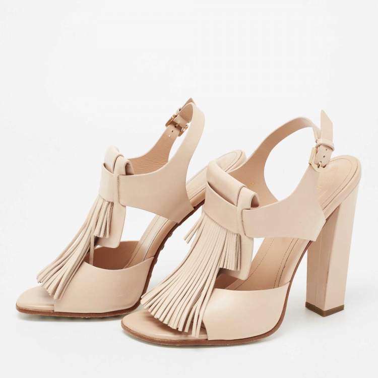 Pre Owned Tod's Beige Leather Fringe Detail Ankle Strap Sandals Size 39