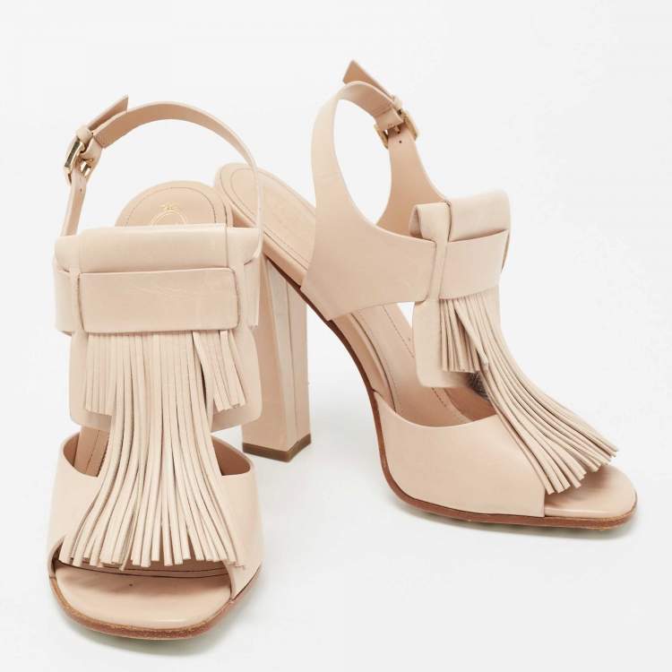 Pre Owned Tod's Beige Leather Fringe Detail Ankle Strap Sandals Size 39
