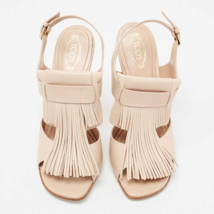 Pre Owned Tod's Beige Leather Fringe Detail Ankle Strap Sandals Size 39