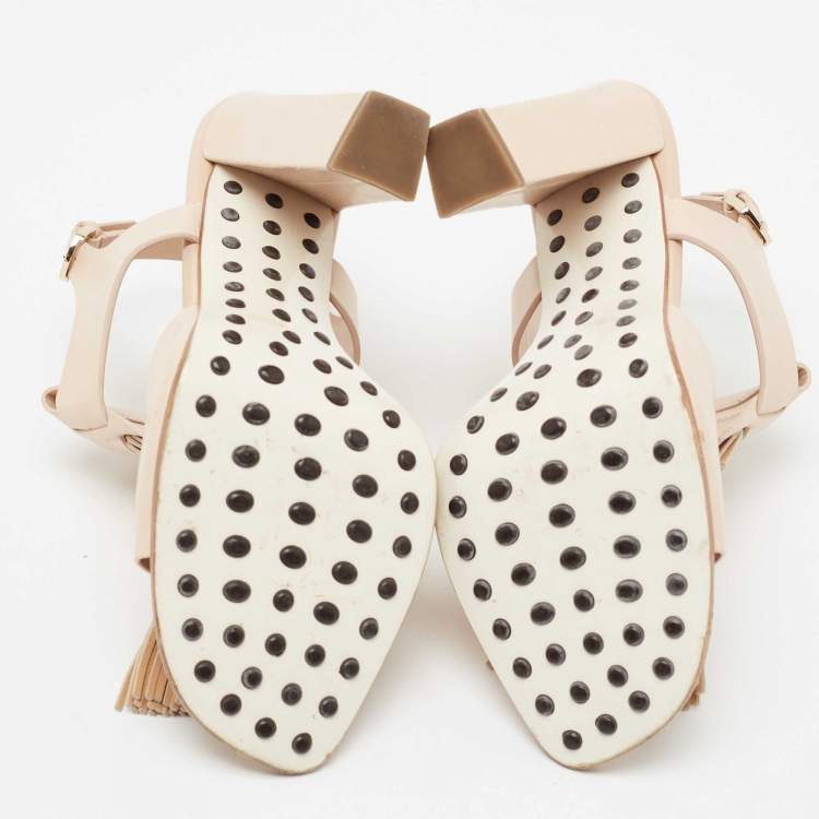 Pre Owned Tod's Beige Leather Fringe Detail Ankle Strap Sandals Size 39