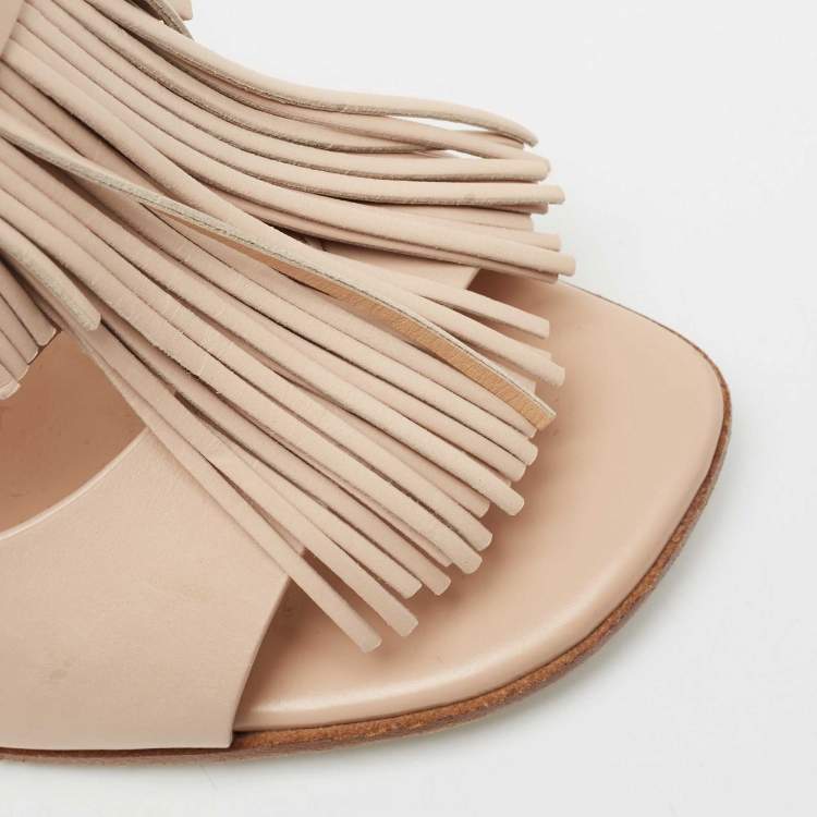 Pre Owned Tod's Beige Leather Fringe Detail Ankle Strap Sandals Size 39