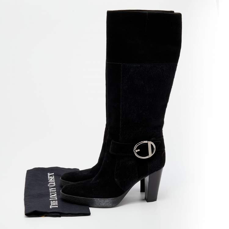 Pre Owned Tod's Black Suede And Calf Hair Knee Length Boots Size 40