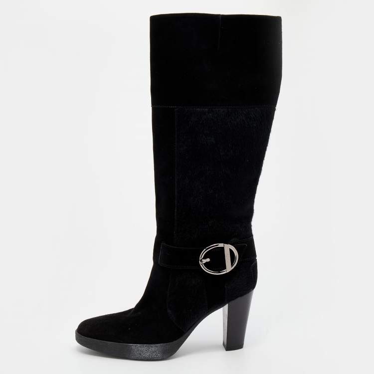 Pre Owned Tod's Black Suede And Calf Hair Knee Length Boots Size 40