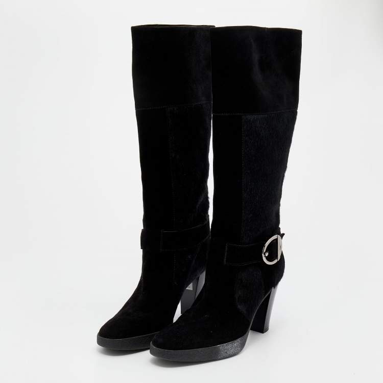 Pre Owned Tod's Black Suede And Calf Hair Knee Length Boots Size 40