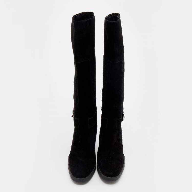 Pre Owned Tod's Black Suede And Calf Hair Knee Length Boots Size 40