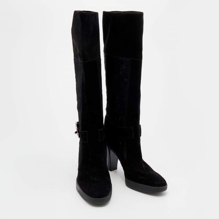 Pre Owned Tod's Black Suede And Calf Hair Knee Length Boots Size 40