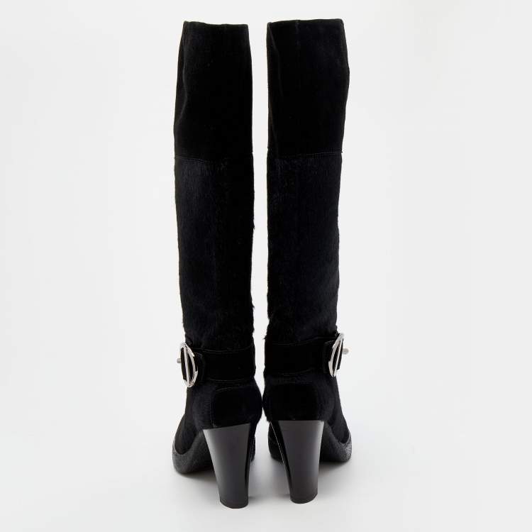 Pre Owned Tod's Black Suede And Calf Hair Knee Length Boots Size 40