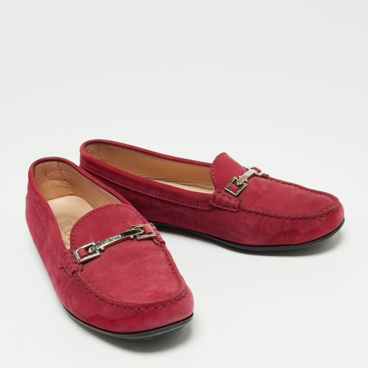 Pre Owned Tod's Fuchsia Nubuck Leather Gommino Bit Loafers Size 38.5
