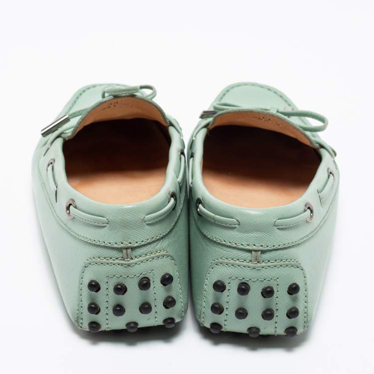 Pre Owned Tod's Mint Green Leather Gommini Bow Slip On Loafers Size 39