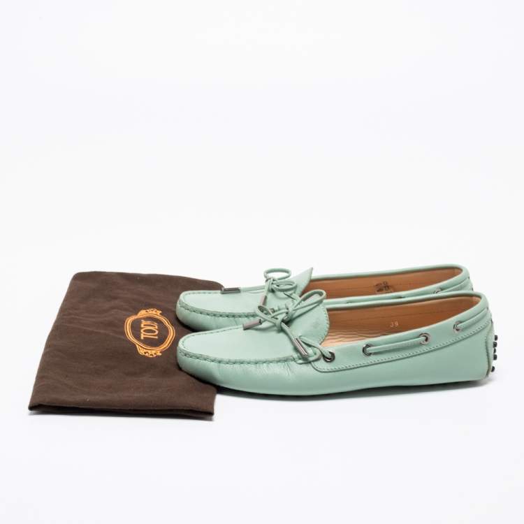 Pre Owned Tod's Mint Green Leather Gommini Bow Slip On Loafers Size 39