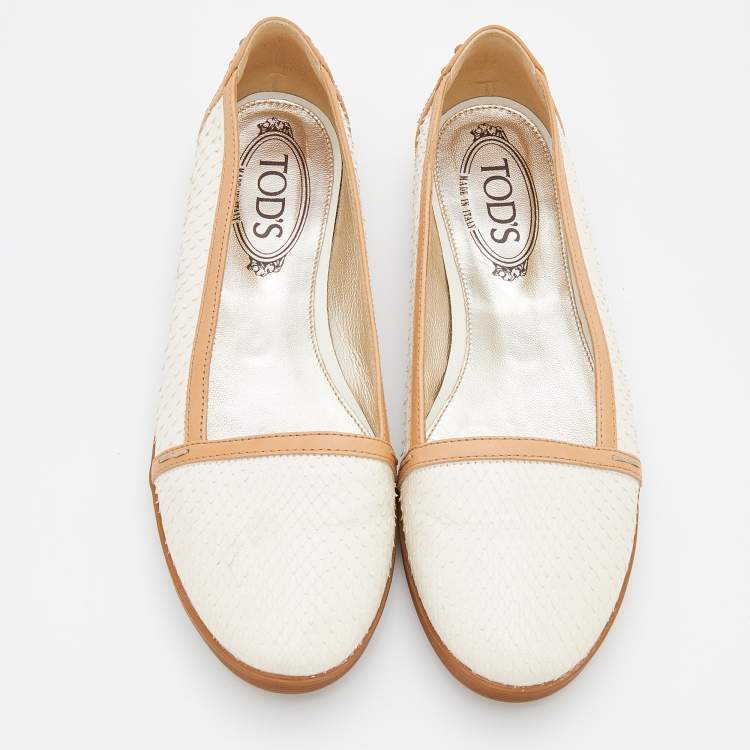 Pre Owned Tod's Beige/White Snakeskin And Leather Ballet Flats Size 37.5