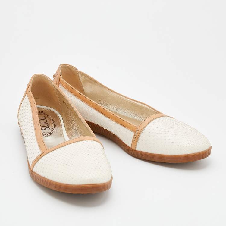 Pre Owned Tod's Beige/White Snakeskin And Leather Ballet Flats Size 37.5