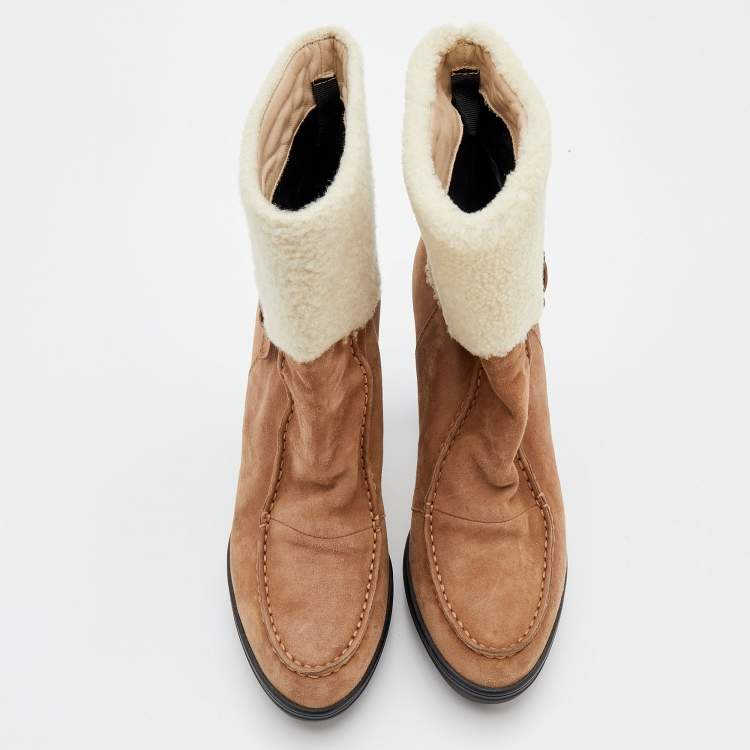 Pre Owned Tod's Beige Suede And Lamb Fur Buckle Platform Ankle Boots Size 38