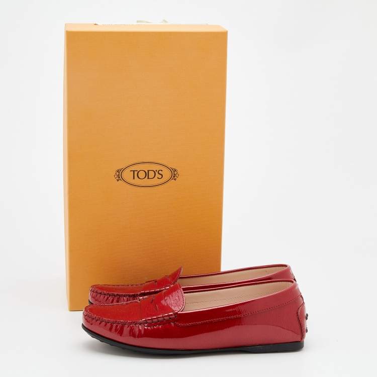 Pre Owned Tod's Red Patent Leather Penny Loafers Size 38