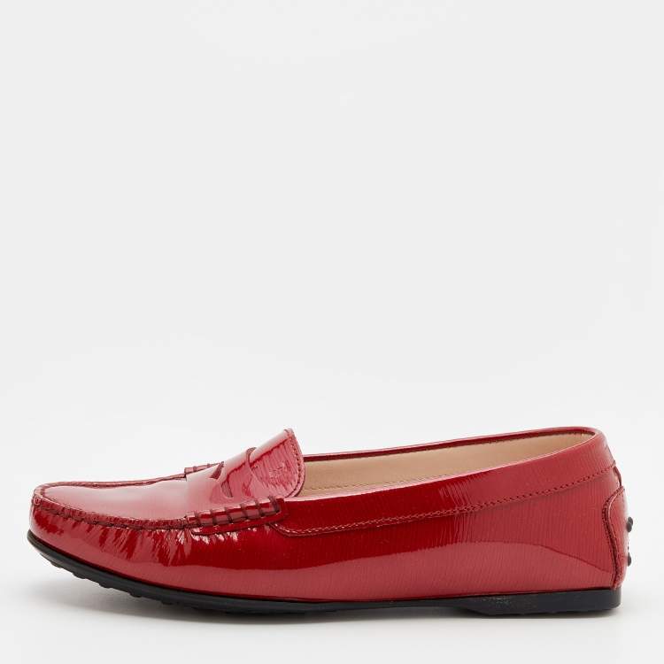 Pre Owned Tod's Red Patent Leather Penny Loafers Size 38