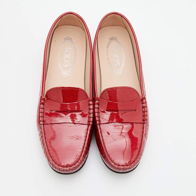 Pre Owned Tod's Red Patent Leather Penny Loafers Size 38