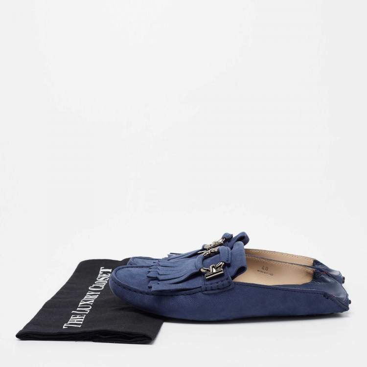 Pre Owned Tod's Blue Nubuck Leather Fringe Flat Mules Size 40