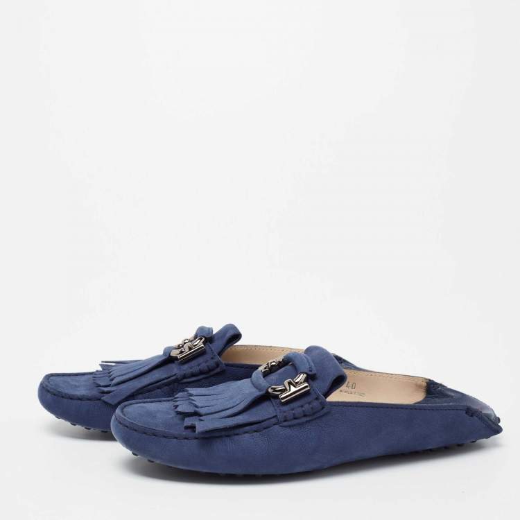 Pre Owned Tod's Blue Nubuck Leather Fringe Flat Mules Size 40