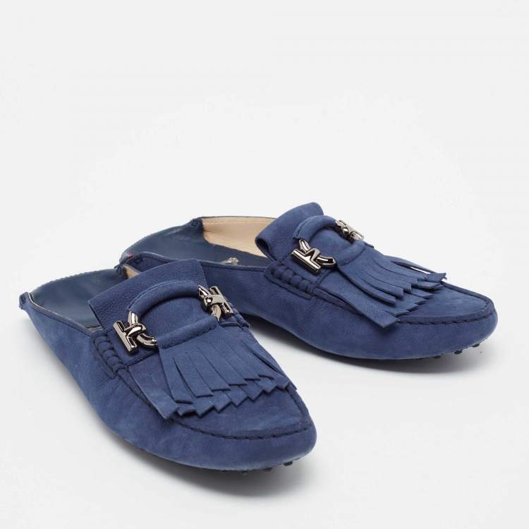 Pre Owned Tod's Blue Nubuck Leather Fringe Flat Mules Size 40