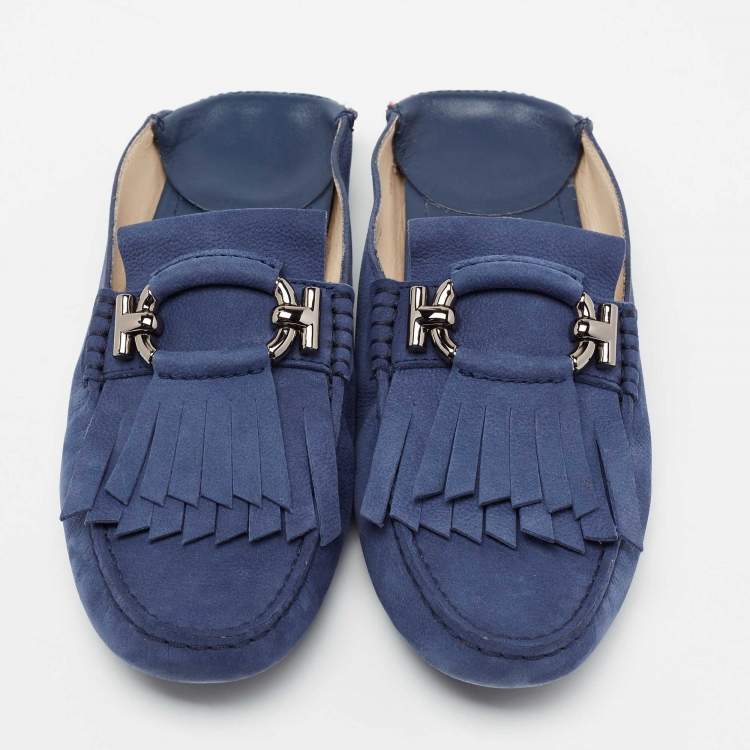 Pre Owned Tod's Blue Nubuck Leather Fringe Flat Mules Size 40