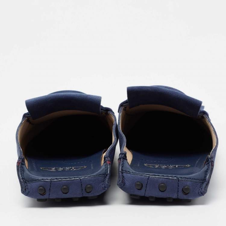 Pre Owned Tod's Blue Nubuck Leather Fringe Flat Mules Size 40