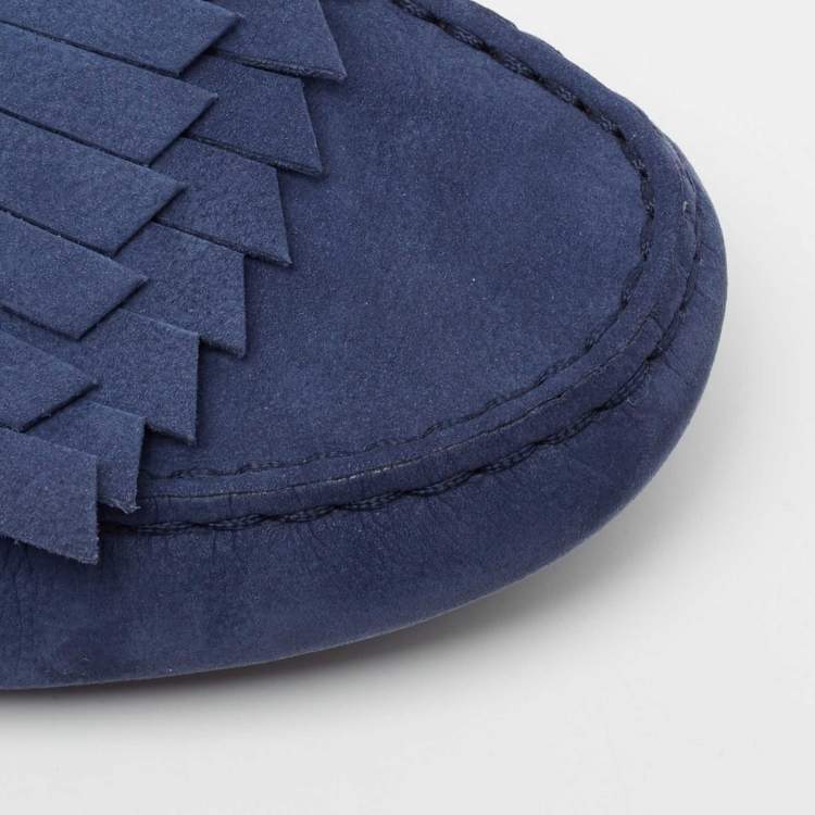 Pre Owned Tod's Blue Nubuck Leather Fringe Flat Mules Size 40