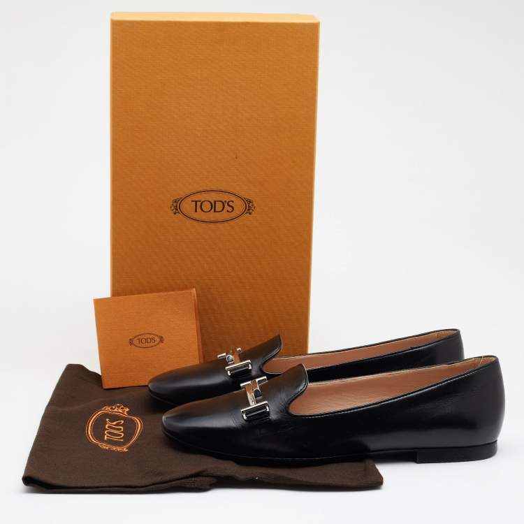 Pre Owned Tod's Black Leather Double T Smoking Slippers Size 36