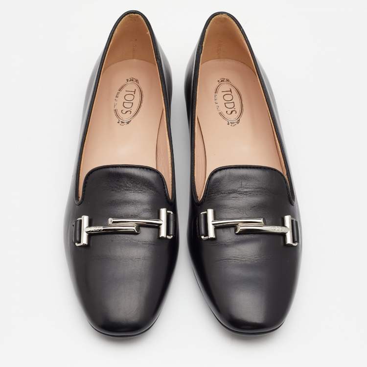 Pre Owned Tod's Black Leather Double T Smoking Slippers Size 36