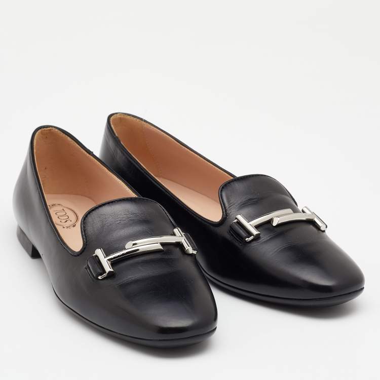 Pre Owned Tod's Black Leather Double T Smoking Slippers Size 36
