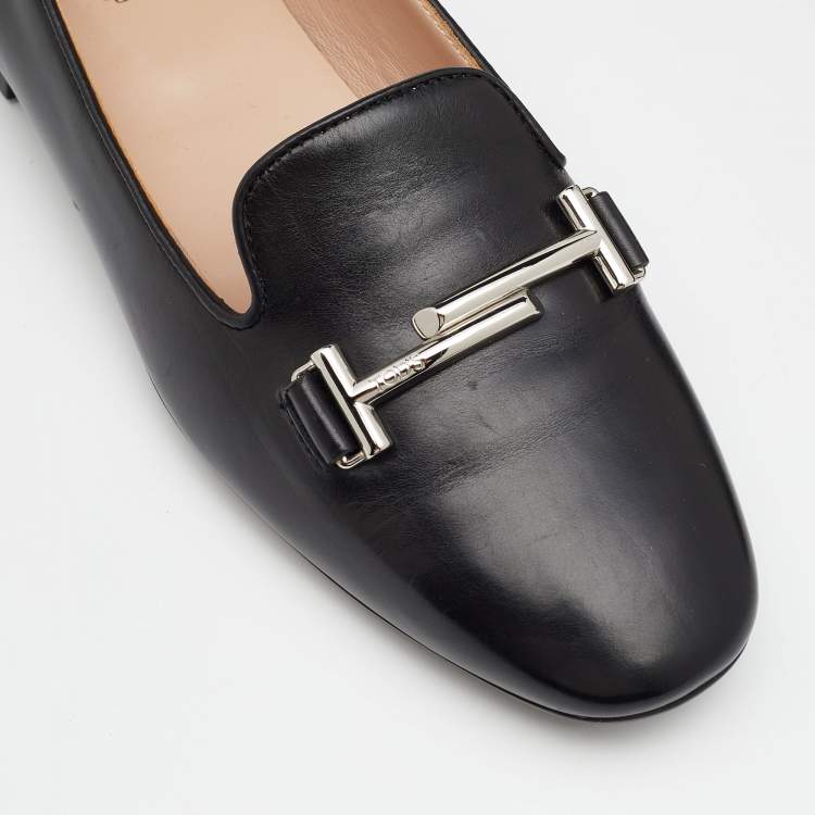 Pre Owned Tod's Black Leather Double T Smoking Slippers Size 36