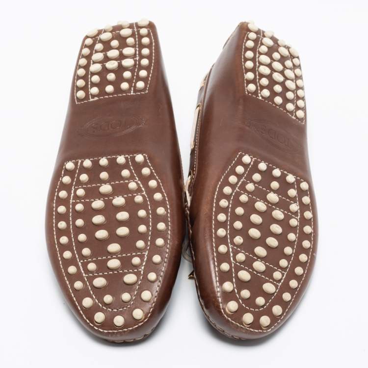 Pre Owned Tod's Brown Leather Bow Slip On Loafers Size 38.5
