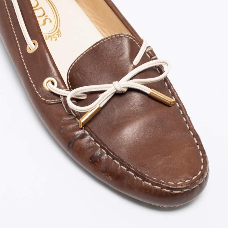 Pre Owned Tod's Brown Leather Bow Slip On Loafers Size 38.5